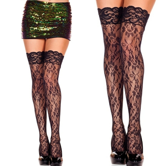 Music Legs Accessories - Black Flower Lace Thigh High With Lace Top